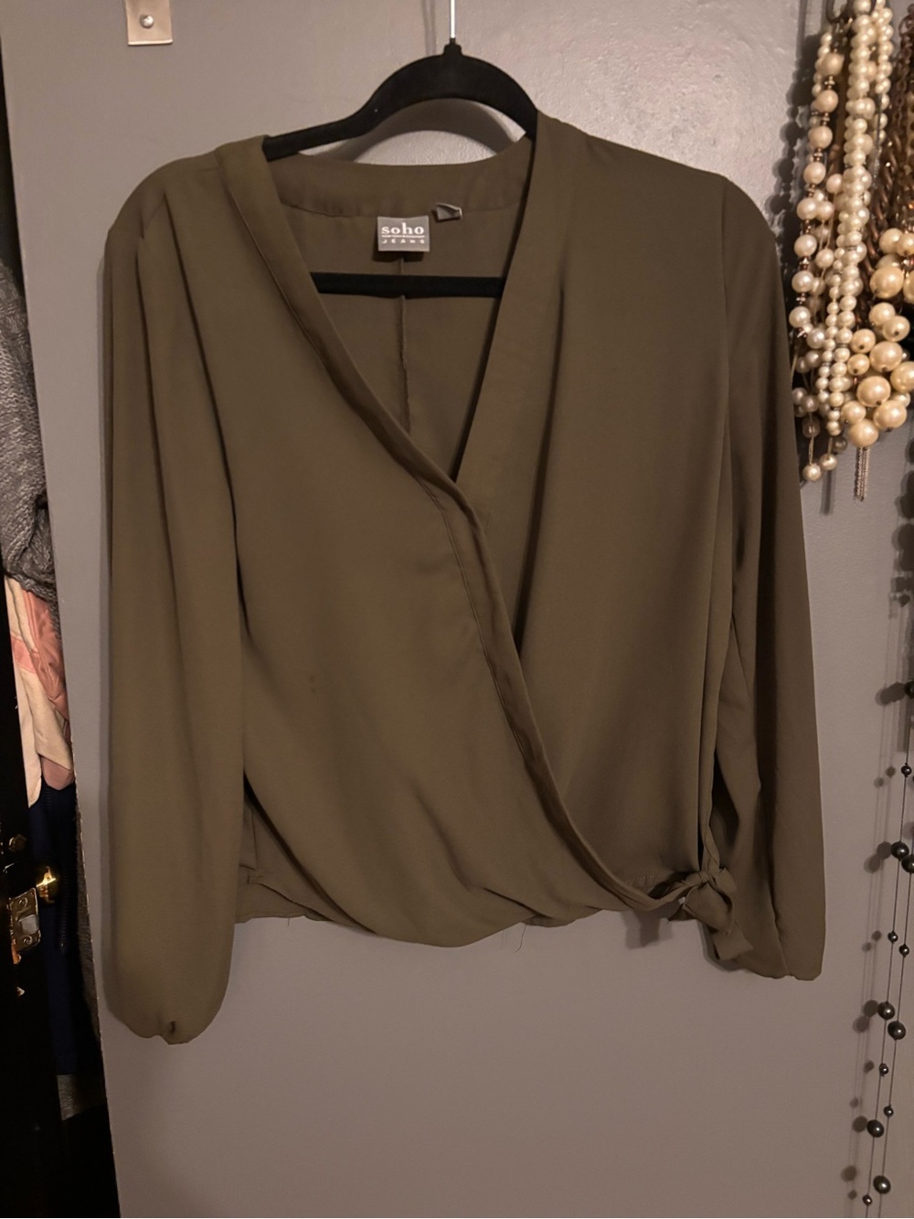 New York & Company Olive Wrap Blouse - Long Sleeve V-Neck